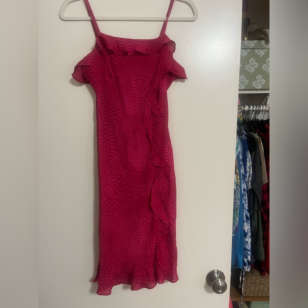 Vintage Silk Strawberry Red Donna Ricco Slip Dress with Ruffles